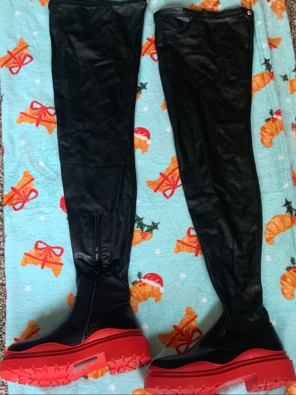 Women’s Over-the-Knee Black Boots with Red Lug Sole